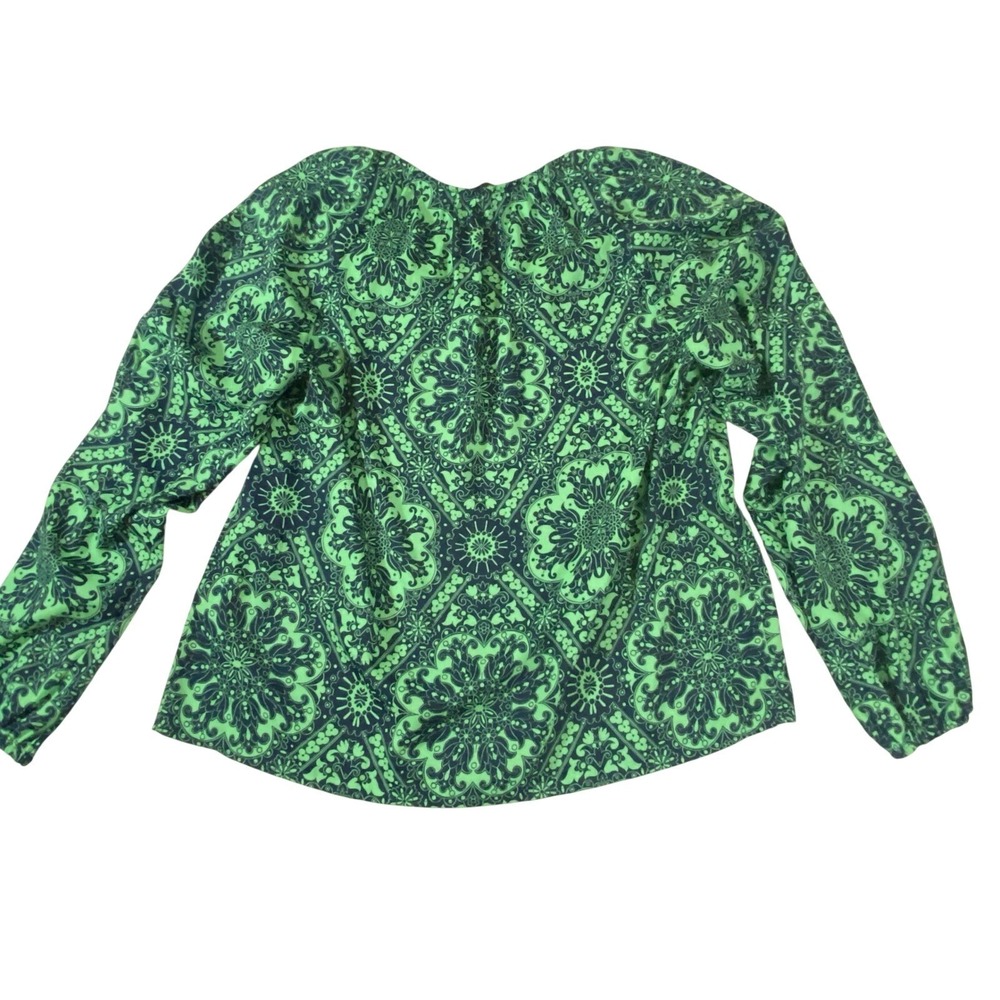 Loft Green Medallion Paisley V-Neck Blouse Long Sleeve Bubble Cuff Top Large - Picture 7 of 7